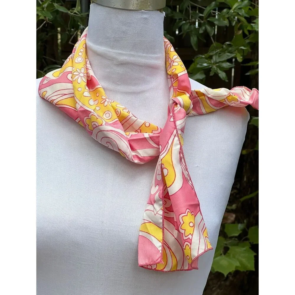 Vintage 70s Pink Yellow Groovy Floral Scarf 44in by 8in